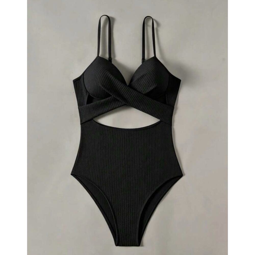 New Black Ribbed Criss Cross Push Up One Piece Swimsuit Cut Out Size Medium